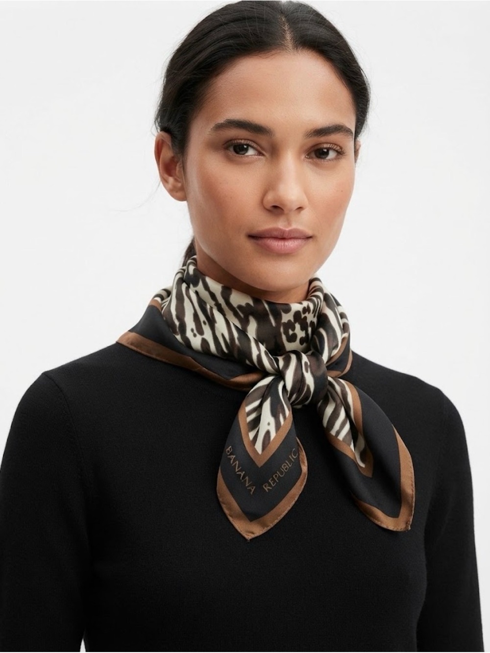 Banana Republic Silk Animal Print Square Scarf 30x30 Black Brown Cream Chic